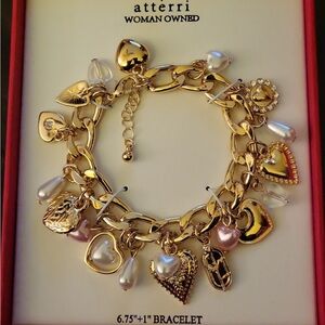 Atterri Faux Pearl Heart Charms and Gold Heart Charms Bracelet